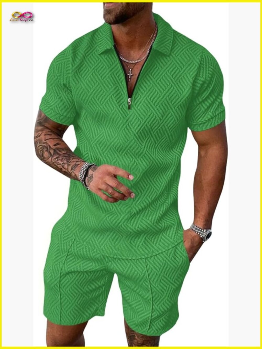 Men's 2 Piece Zip Tracksuit Short Sleeve Polo and Shorts Set Summer Outfits